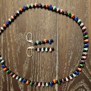 18" Black with multi colored briolettes necklace and earrings